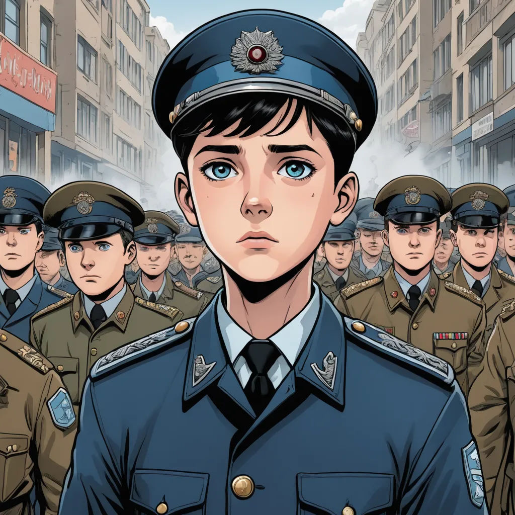 a cartoon of a man in a police uniform surrounded by other uniformed men in a city street, with buildings in the background, berlin secession, a comic book panel, Diego Gisbert Llorens, graphic novel