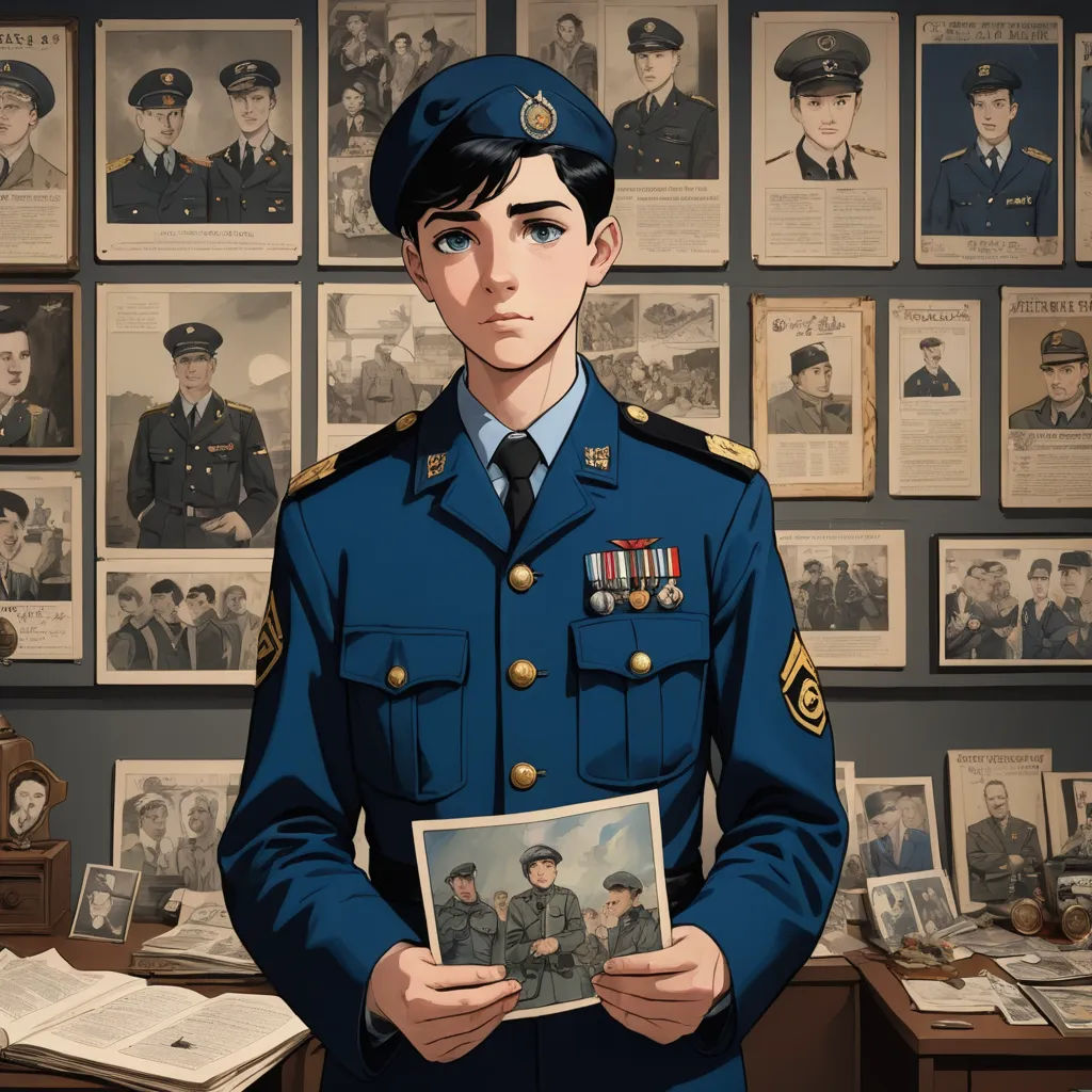 a man in a uniform holding a picture of himself in front of a wall of military memorabilia and photos, sots art, a character portrait, Alejandro Burdisio, official art