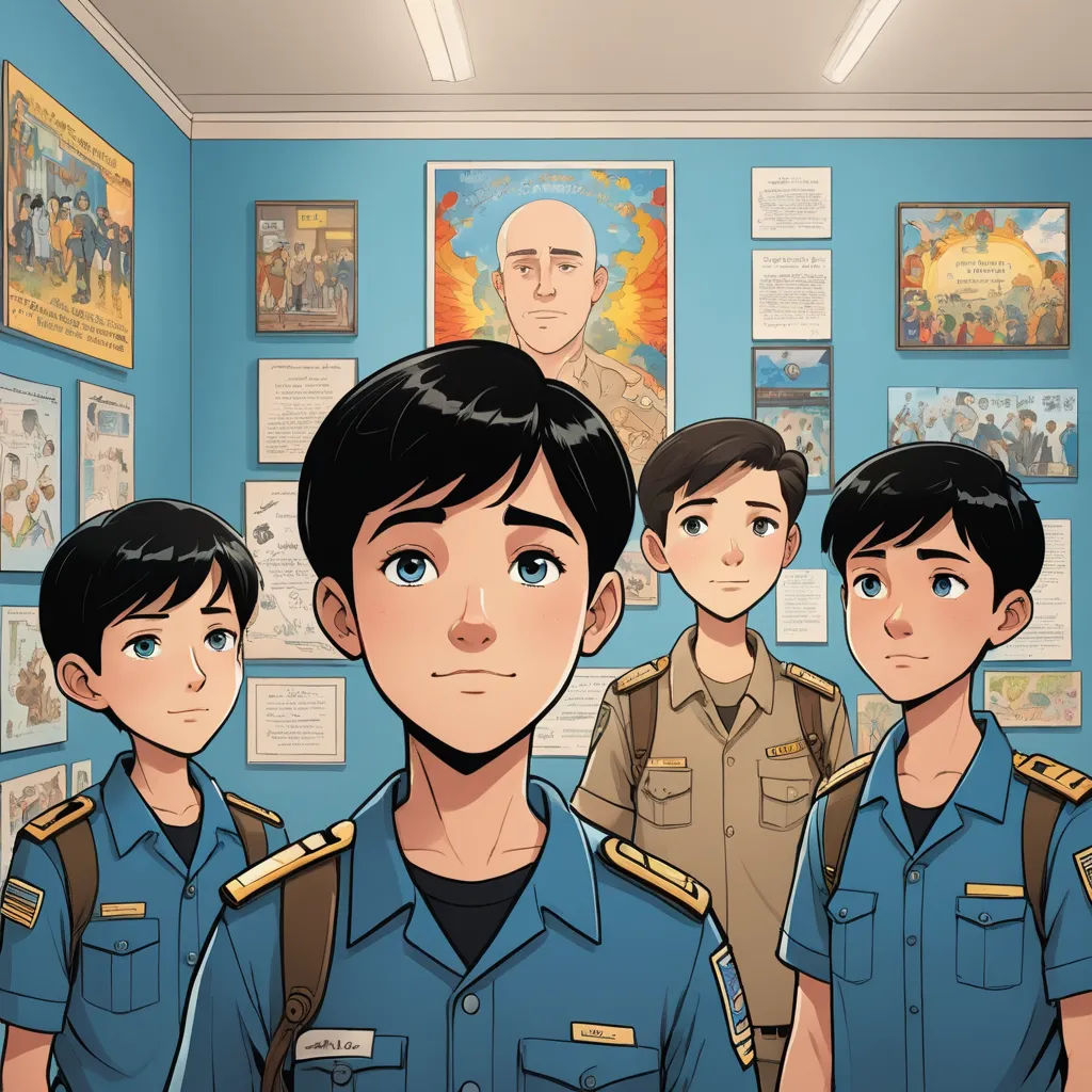 a group of people standing in a room with posters on the wall behind them and a cartoon of a boy in a uniform, serial art, a comic book panel, Diego Gisbert Llorens, graphic novel