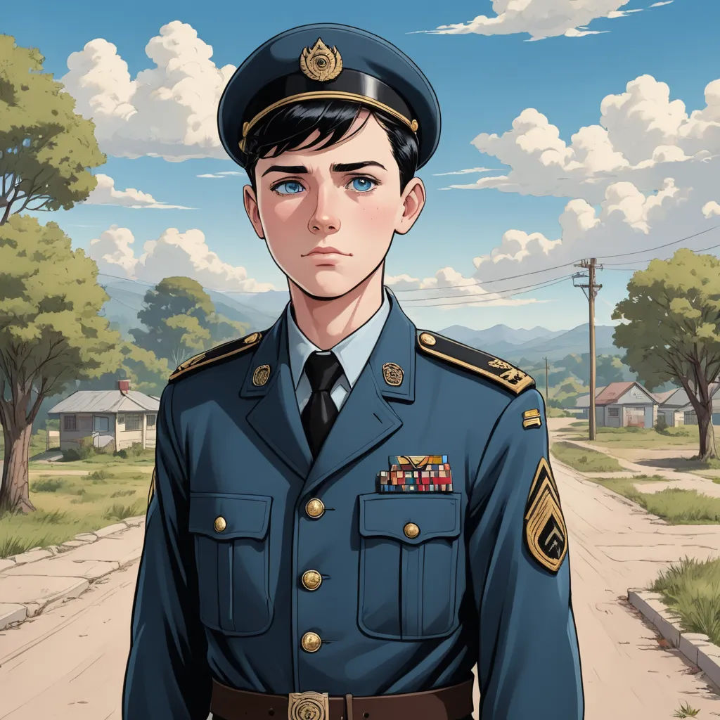 a cartoon of a man in a military uniform standing in a street with a sky background and trees in the foreground, sots art, a character portrait, Cedric Seaut (Keos Masons), official art
