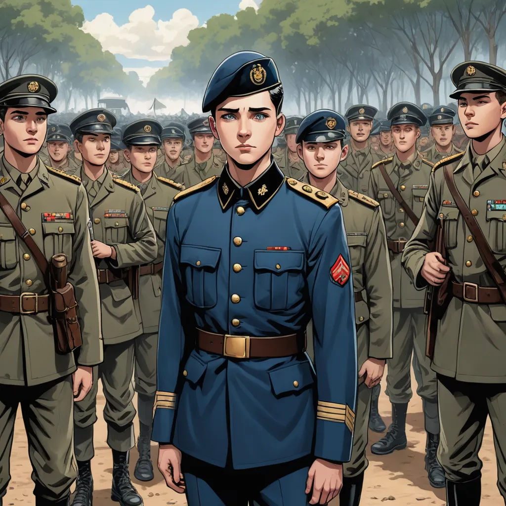 a painting of a man in a military uniform standing in front of a group of men in uniform,, socialist realism, a character portrait, Cedric Seaut (Keos Masons), official art