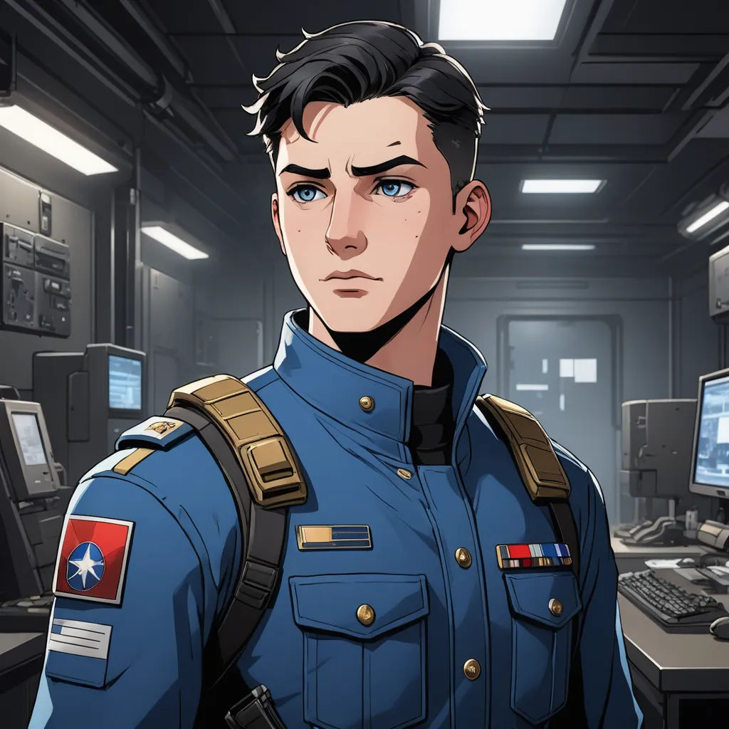 a man in a uniform standing in a room with computers and monitors on the wall behind him is a computer screen, sots art, a character portrait, Cedric Seaut (Keos Masons), character portrait