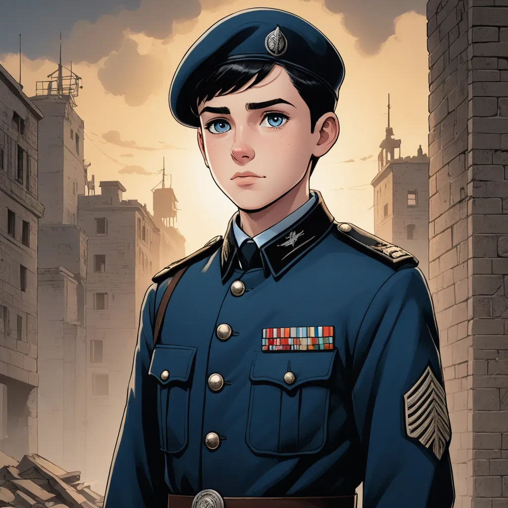 a cartoon of a man in a military uniform standing in front of a cityscape with a sky background, sots art, a character portrait, Cedric Seaut (Keos Masons), character portrait
