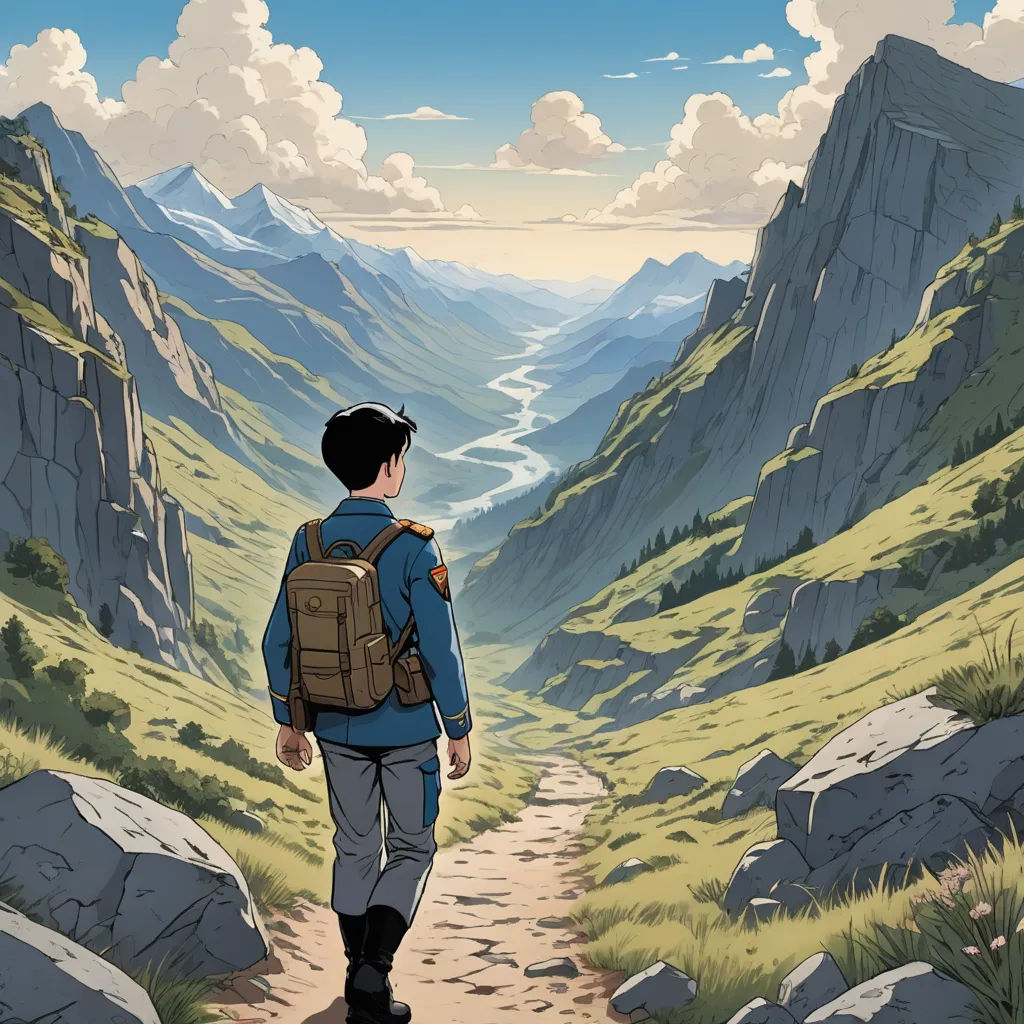 a man with a backpack walking up a mountain trail towards a valley with mountains in the background and a river running through the valley, environmental art, a comic book panel, Cedric Seaut (Keos Masons), comic cover art