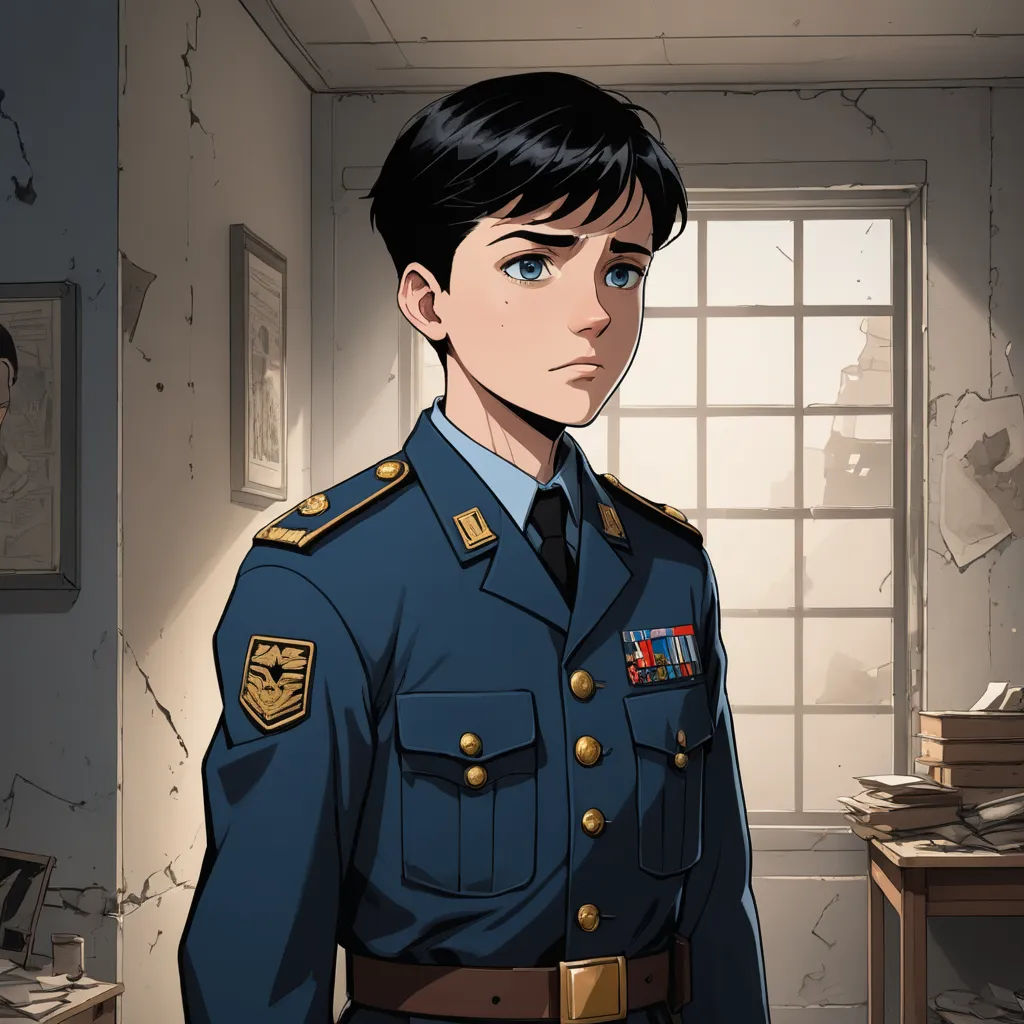 a cartoon of a man in a military uniform standing in a room with a desk and a window in the background, sots art, a character portrait, Alejandro Burdisio, official art