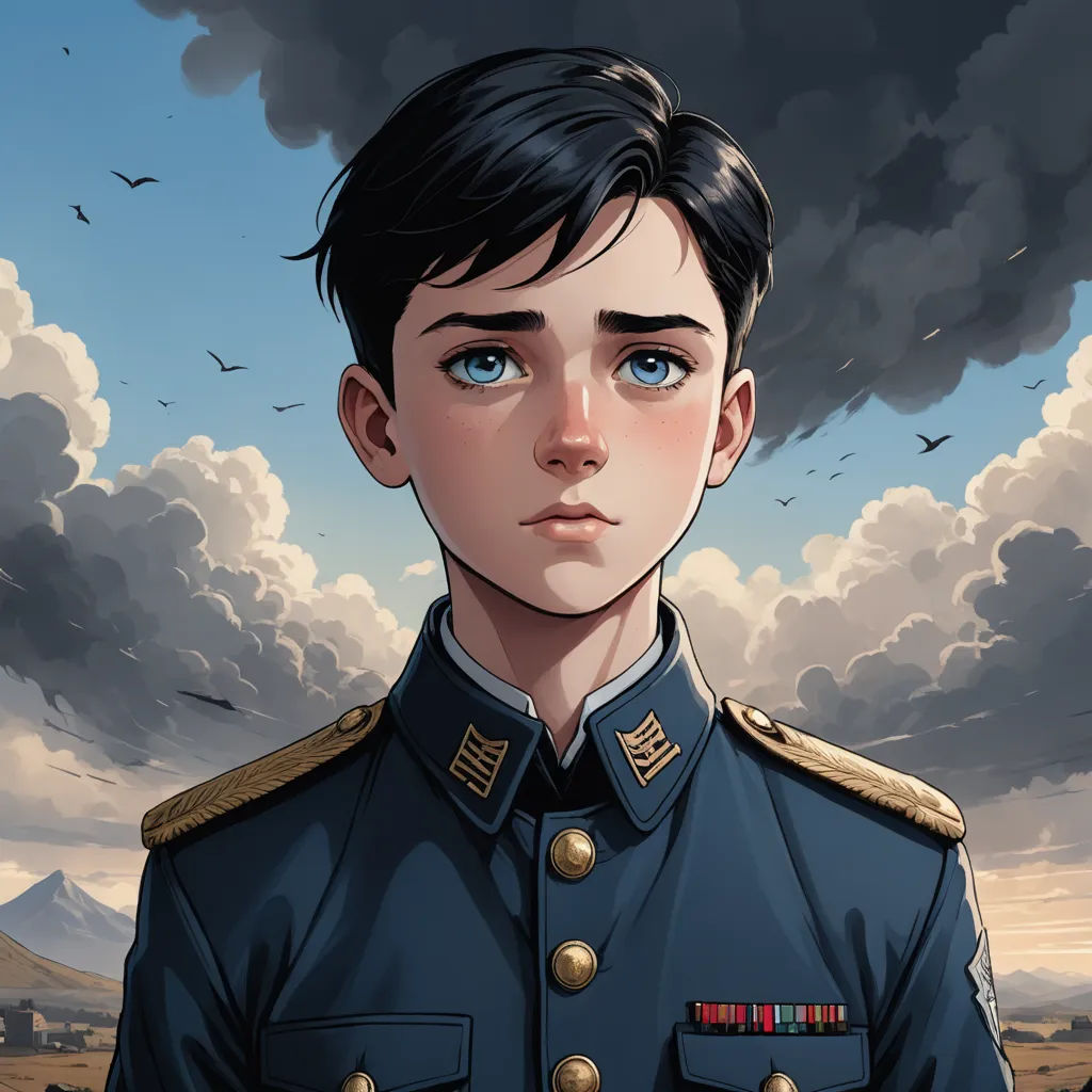 a cartoon of a man in a military uniform with a sky background and birds flying overhead in the sky, sots art, a character portrait, Alejandro Burdisio, comic cover art