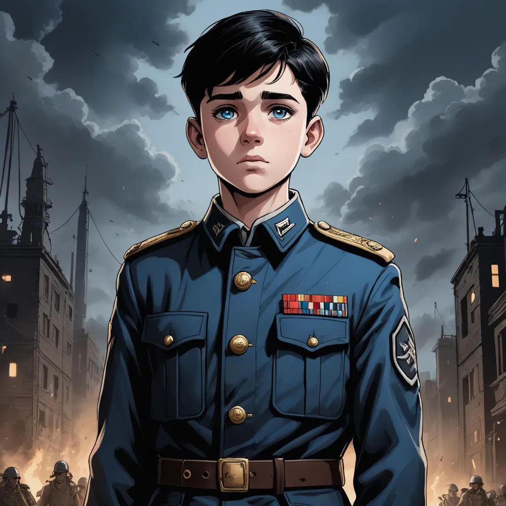 a cartoon of a man in a military uniform standing in front of a cityscape with a sky background, sots art, a character portrait, Aleksandr Gerasimov, comic cover art