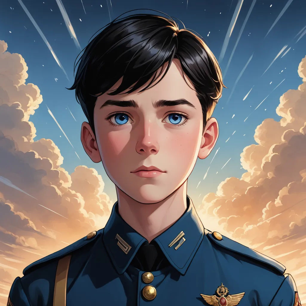 a cartoon of a boy in a military uniform with a sky background and clouds in the background with a star burst, sots art, a character portrait, Cedric Peyravernay, stanley artgerm lau