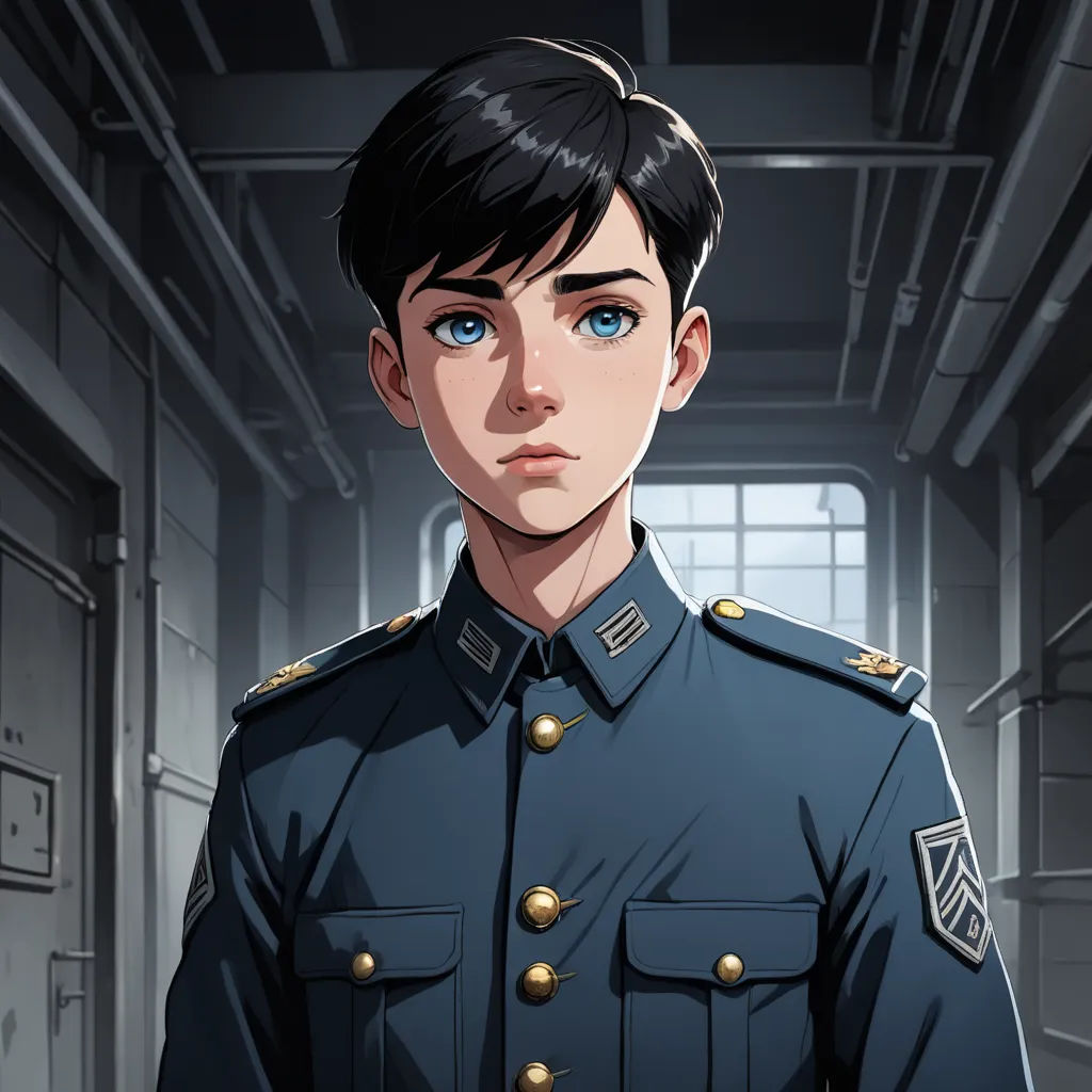 a cartoon of a woman in a military uniform in a hallway with a window in the background and a man in a suit standing in front of a doorway, sots art, a character portrait, Cedric Seaut (Keos Masons), character portrait
