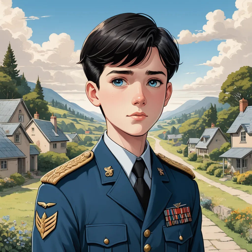 a cartoon of a man in a military uniform in front of a house and a country road with a mountain in the background, sots art, a character portrait, Conroy Maddox, official art