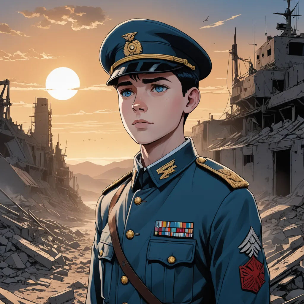 a cartoon of a man in a military uniform standing in front of a sunset and a cityscape, sots art, a character portrait, Anson Maddocks, graphic novel