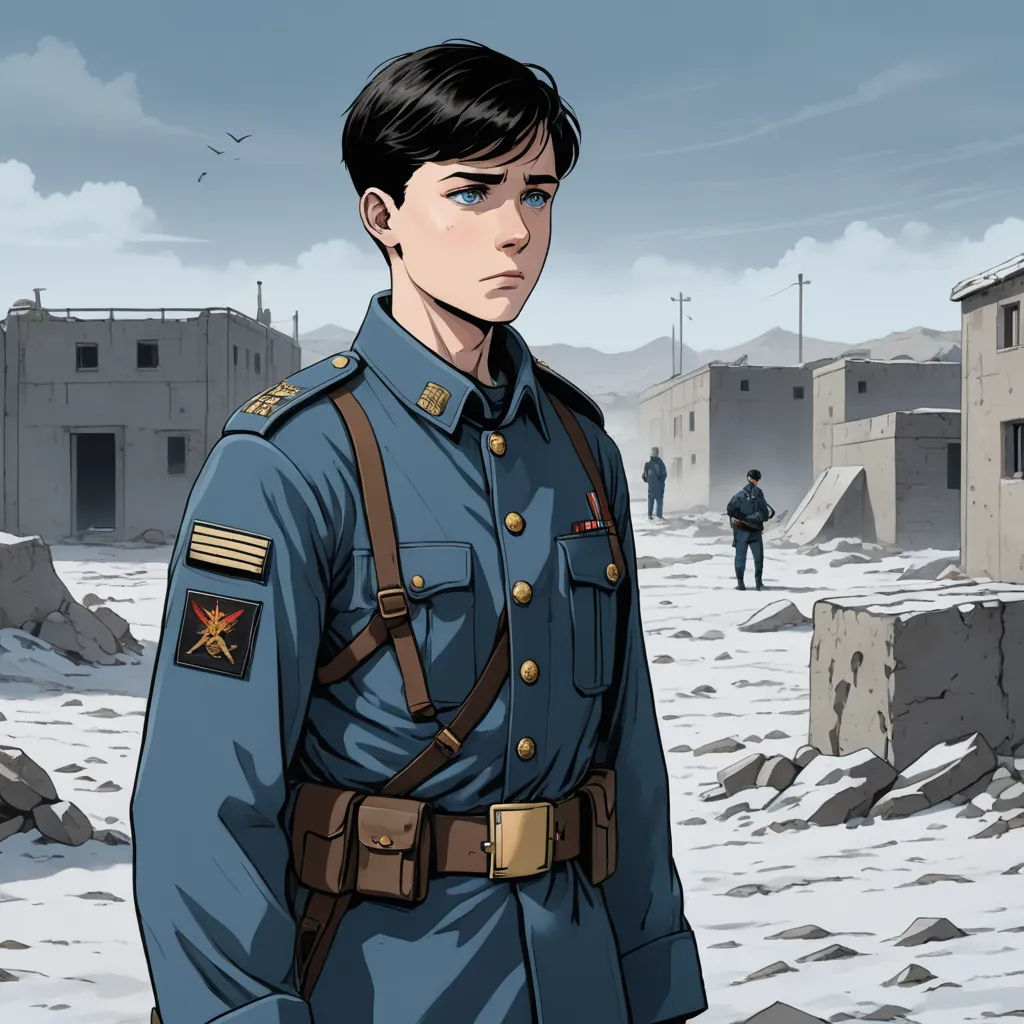 a man in a uniform standing in a snowy area with a building in the background and a man in a uniform standing in the snow, serial art, a comic book panel, Colin Middleton, official art