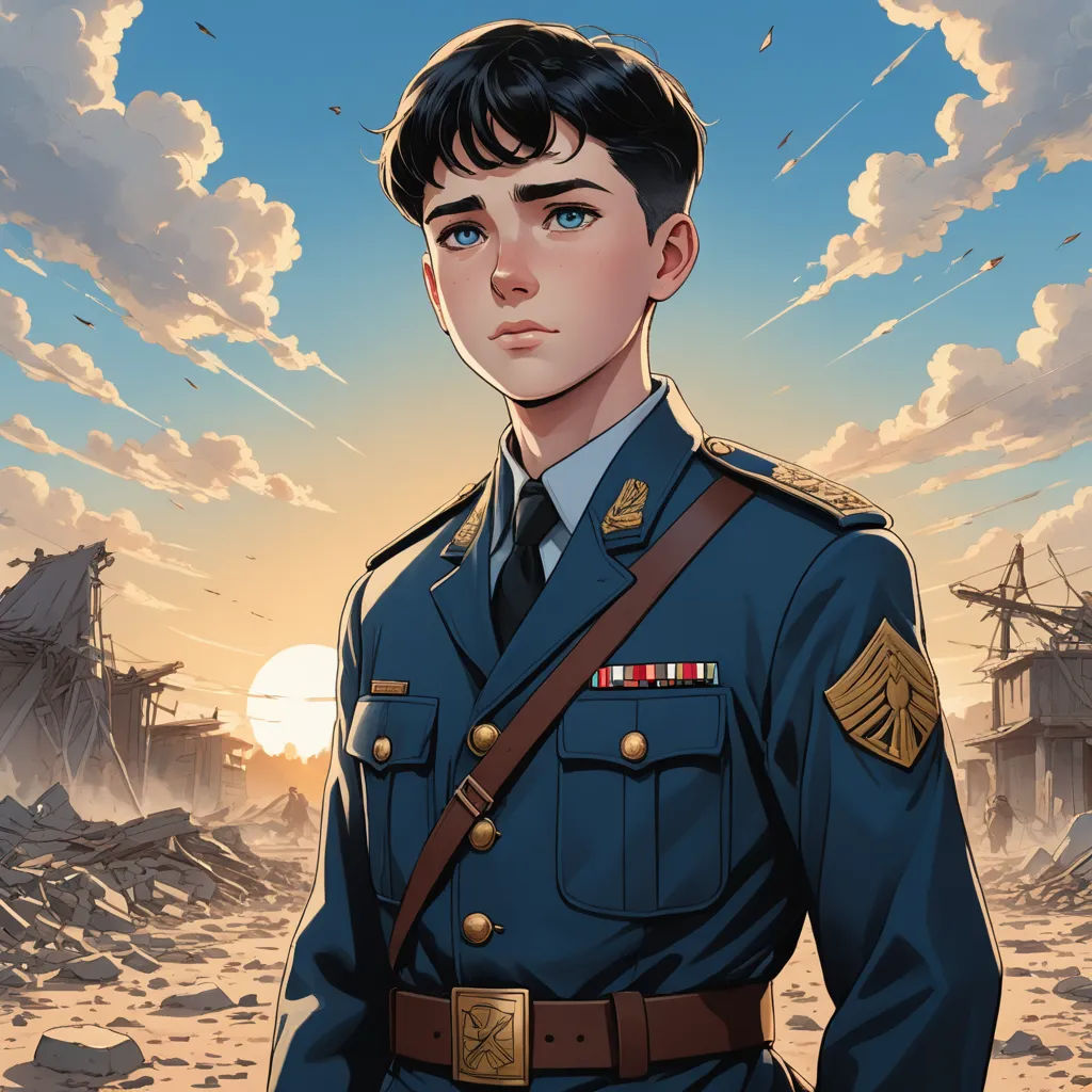 a man in a military uniform standing in front of a sunset and a ship in the background with a sky full of clouds, sots art, a comic book panel, Anson Maddocks, rossdraws global illumination