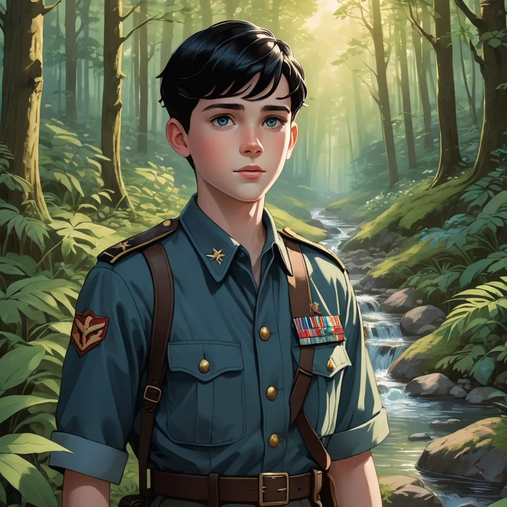 a painting of a boy in a uniform in a forest with a stream running through it and trees in the background, sots art, a character portrait, David Park, official art