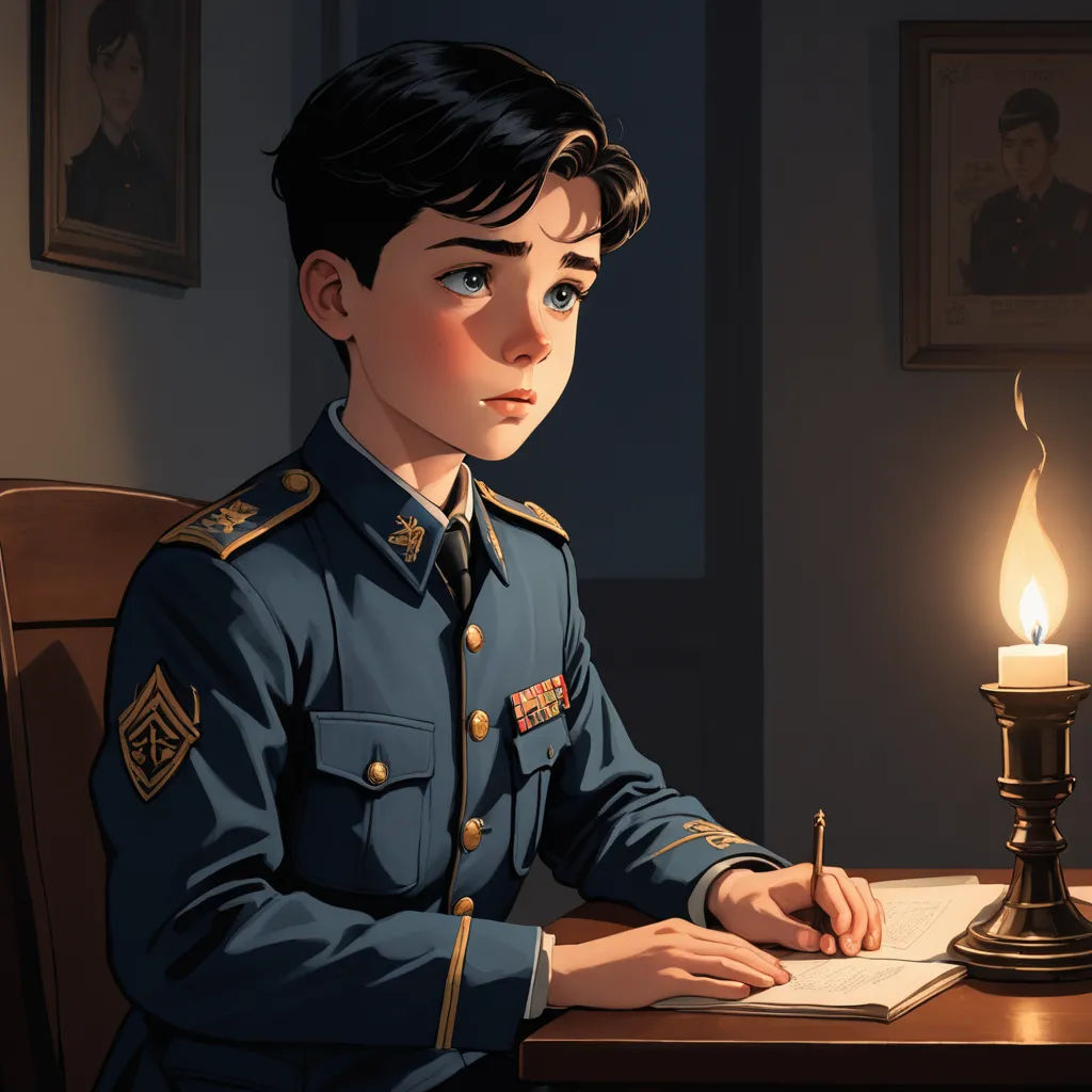 a boy in uniform writing in a notebook in front of a lit candle and framed picture of a man in uniform, sots art, a storybook illustration, Alejandro Burdisio, cushart krenz