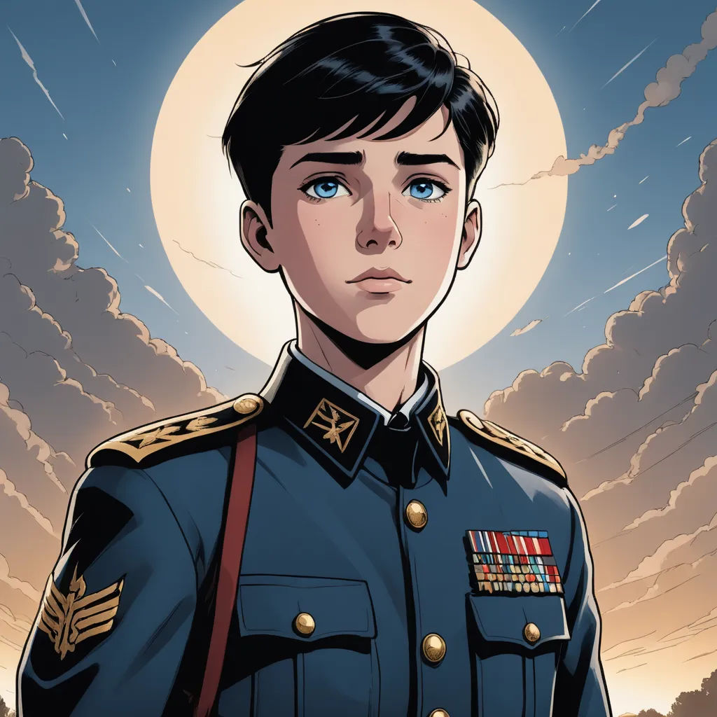 a cartoon of a man in a military uniform with a full moon in the background and clouds in the sky, symbolism, a comic book panel, Diego Gisbert Llorens, yukito kishiro