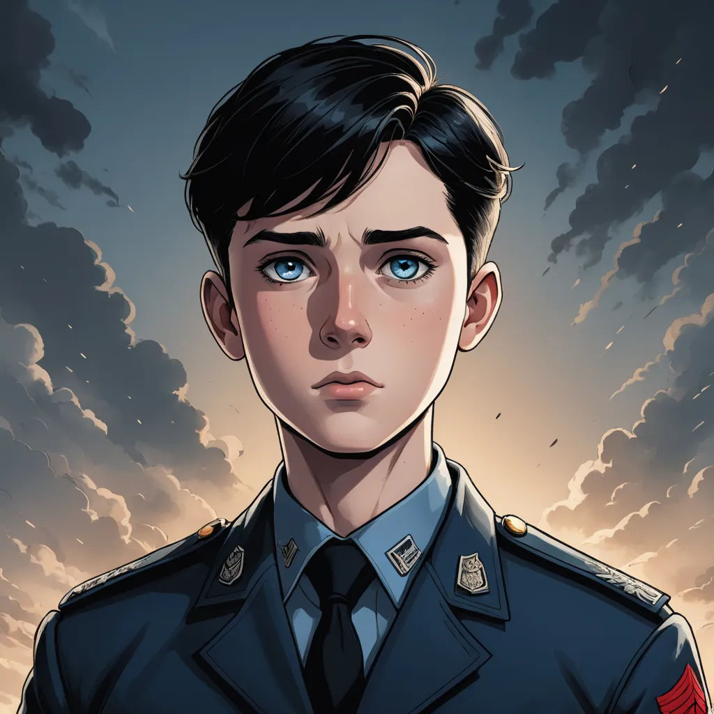 a cartoon of a man in a military uniform with a sky background and clouds in the background, with a blue eye, sots art, a comic book panel, Cedric Peyravernay, comic cover art