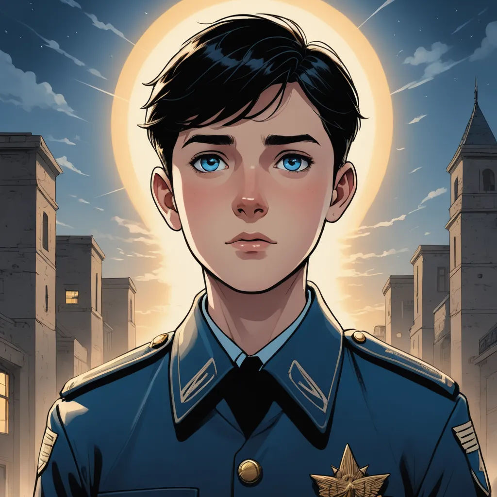 a cartoon of a man in uniform with a full moon in the background and a cityscape in the foreground, symbolism, a comic book panel, Cedric Peyravernay, comic cover art