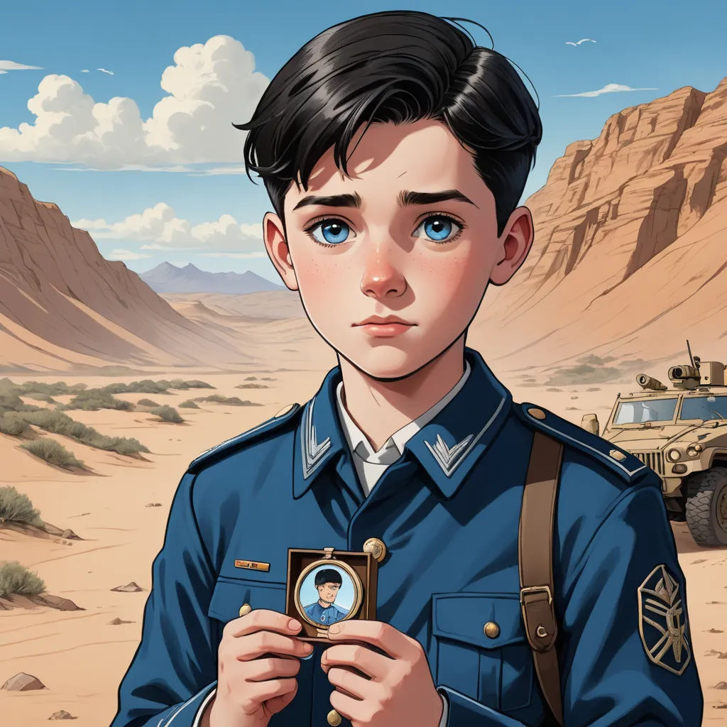 a boy in a uniform holding a camera in front of a desert landscape with a jeep and a truck, serial art, a character portrait, Everett Warner, official art