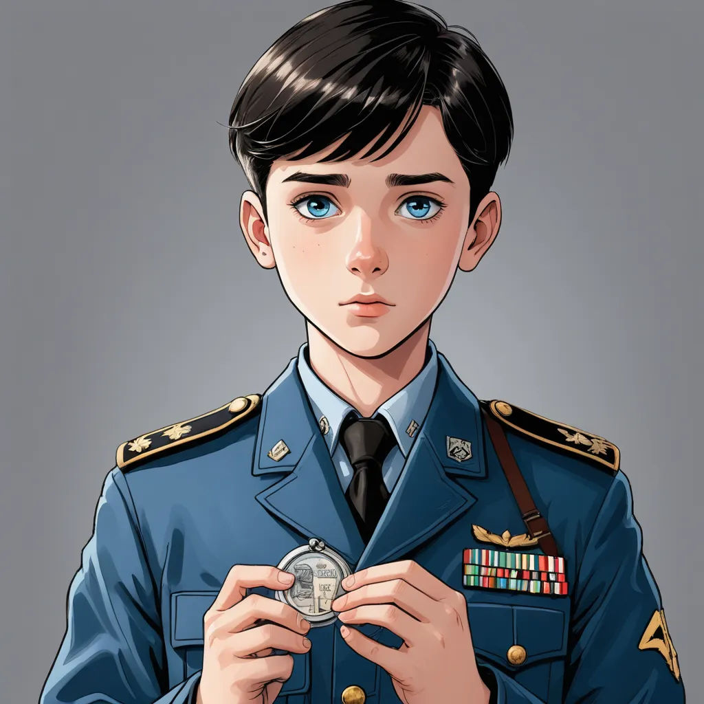 a cartoon of a man in a military uniform holding a medal and a coin in his hands, with a gray background, sots art, a character portrait, Clark Voorhees, yukito kishiro