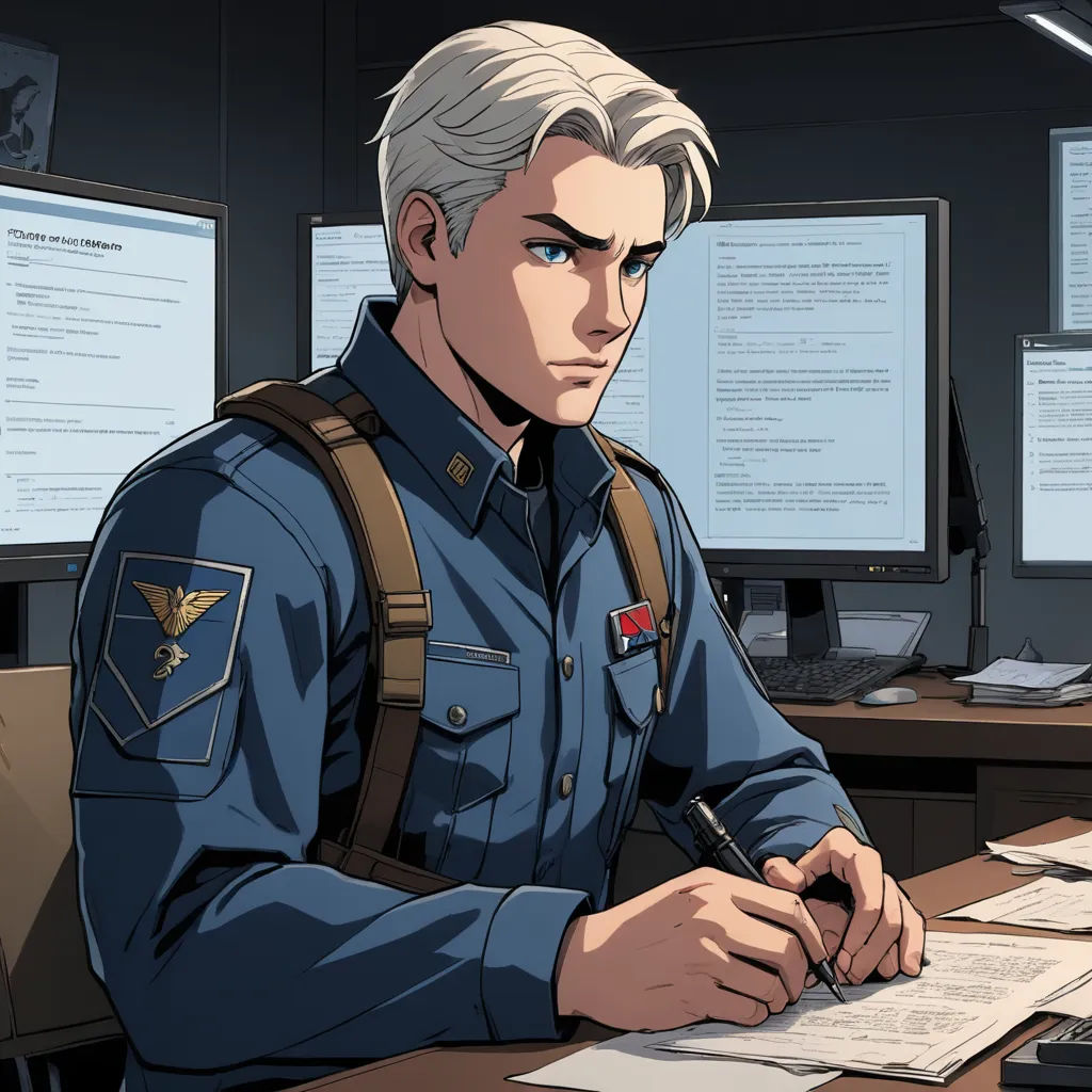a man in uniform sitting at a desk with a pen and paper in his hand and a computer on the desk, sots art, concept art, Clark Voorhees, official art