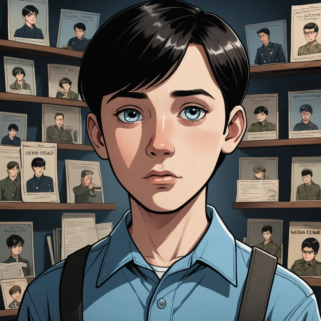 a man standing in front of a shelf of books with a blue shirt on and a backpack on his shoulder, serial art, a comic book panel, Diego Gisbert Llorens, graphic novel