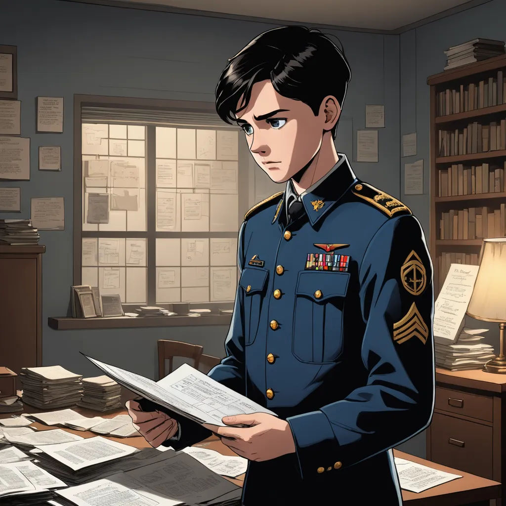 a cartoon of a man in uniform holding a document in a room with many papers on the desk and a lamp, remodernism, a comic book panel, Edmond Xavier Kapp, official art
