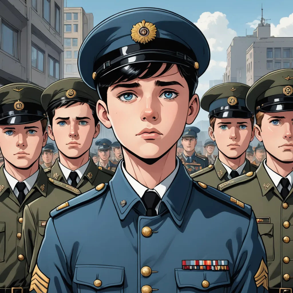 a group of men in uniform standing in front of a crowd of people in a city street with buildings, socialist realism, a comic book panel, Barron Storey, yukito kishiro
