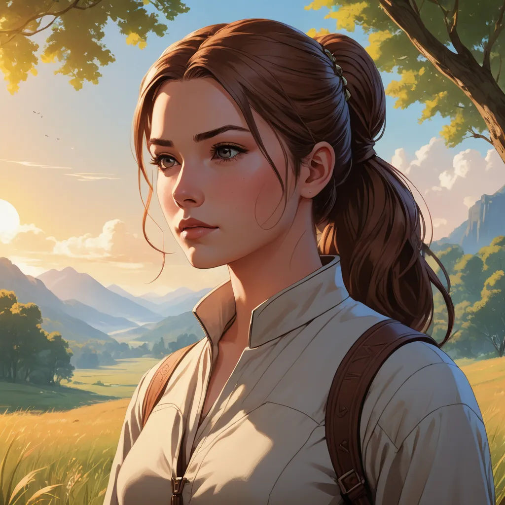 a woman with a ponytail standing in a field with a tree in the background and a mountain in the background, fantasy art, a character portrait, Clint Cearley, stanley artgerm lau