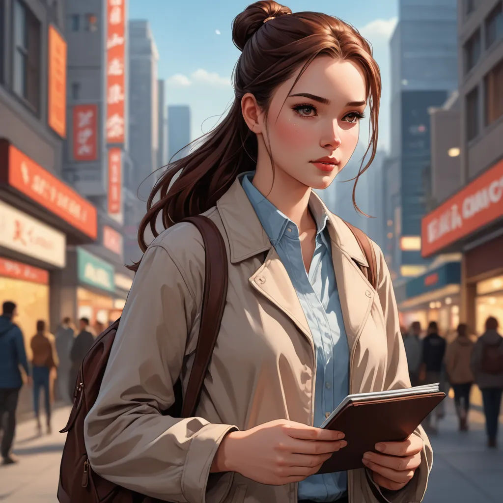 a woman in a trench coat is holding a tablet in a city street with people walking by and shops, fantasy art, a detailed painting, Artgerm, stanley artgerm lau