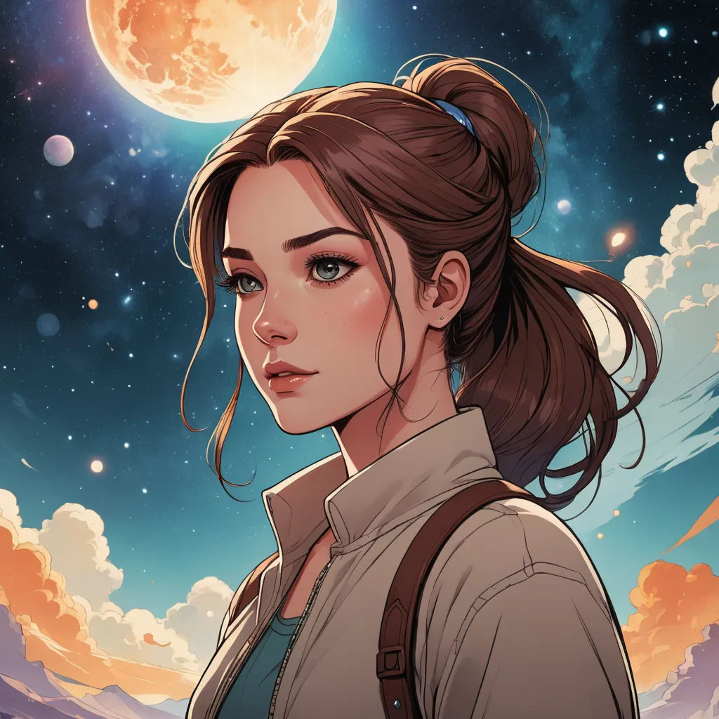 a woman with a ponytail standing in front of a full moon and clouds with a sky background and a full moon, space art, a character portrait, Atey Ghailan, rossdraws global illumination