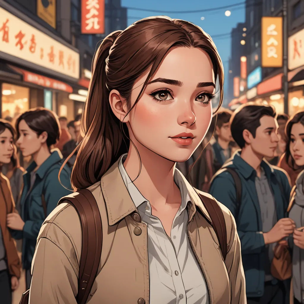 a woman standing in front of a crowd of people in a city at night with a cityscape in the background, remodernism, a comic book panel, Artgerm, kinkade