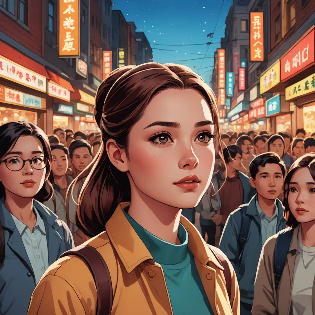 a woman standing in front of a crowd of people in a city at night with neon signs above her, fantasy art, a comic book panel, Artgerm, rossdraws global illumination