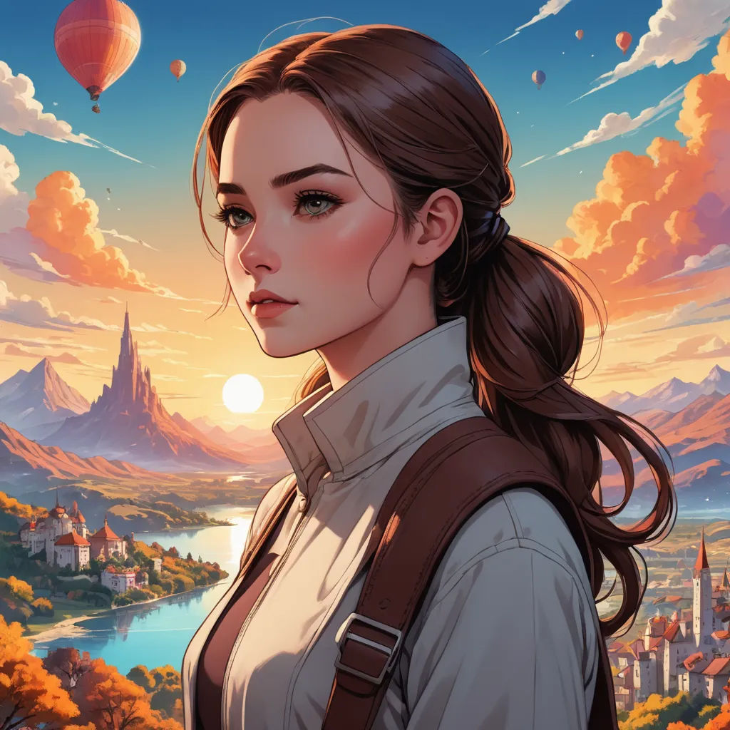 a woman with a ponytail standing in front of a mountain landscape with a hot air balloon in the sky, fantasy art, a detailed painting, Artgerm, rossdraws global illumination
