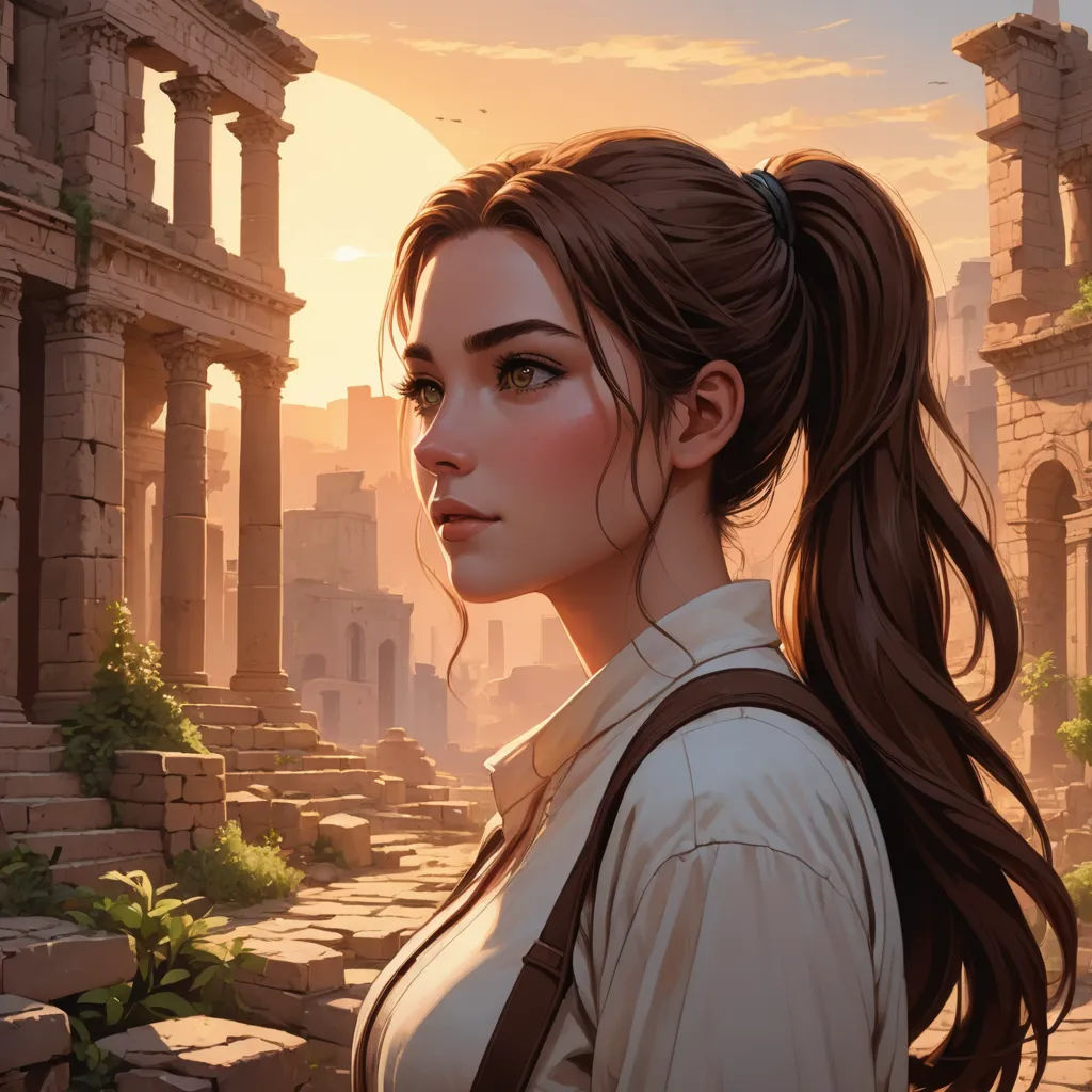 a woman with a ponytail standing in front of a building with ruins and a sunset in the background, with a bird flying overhead, fantasy art, a detailed painting, Clint Cearley, rossdraws global illumination