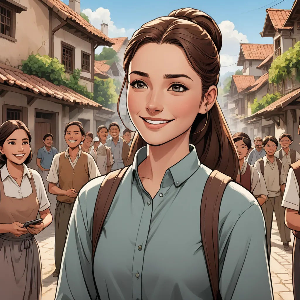 a woman standing in front of a crowd of people in a village with a smiling woman in the foreground, socialist realism, a comic book panel, Artgerm, kinkade