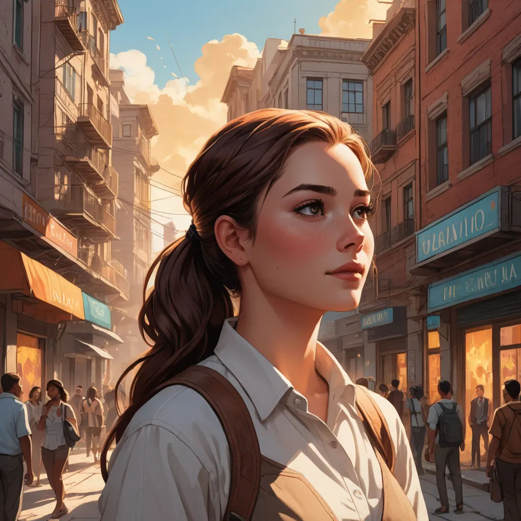 a woman standing in the middle of a street with a backpack on her shoulder and a man in the background, fantasy art, a detailed painting, Artgerm, stanley artgerm lau