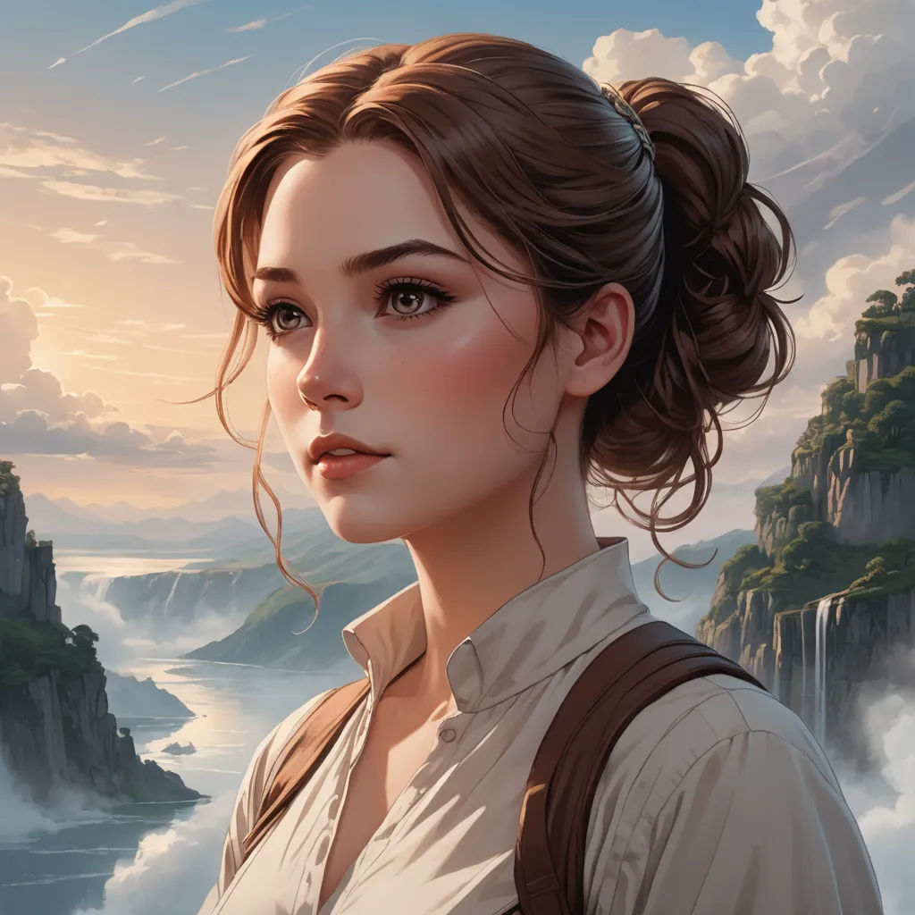 a woman with a brown backpack looking at the camera with a mountain in the background and clouds in the sky, fantasy art, a detailed painting, Charlie Bowater, stanley artgerm lau