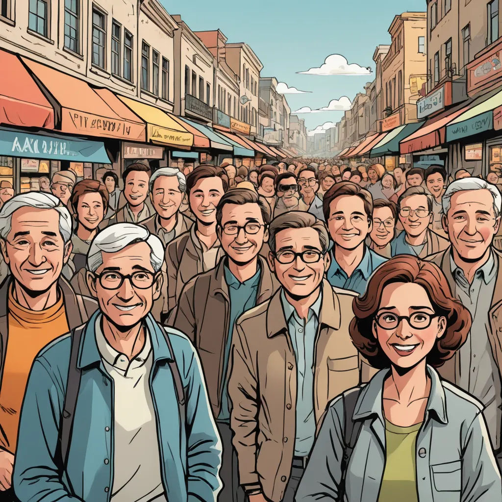 a crowd of people standing in a street next to a building with a sky background and a cartoon of a group of people, fantastic realism, a comic book panel, Asaf Hanuka, graphic novel