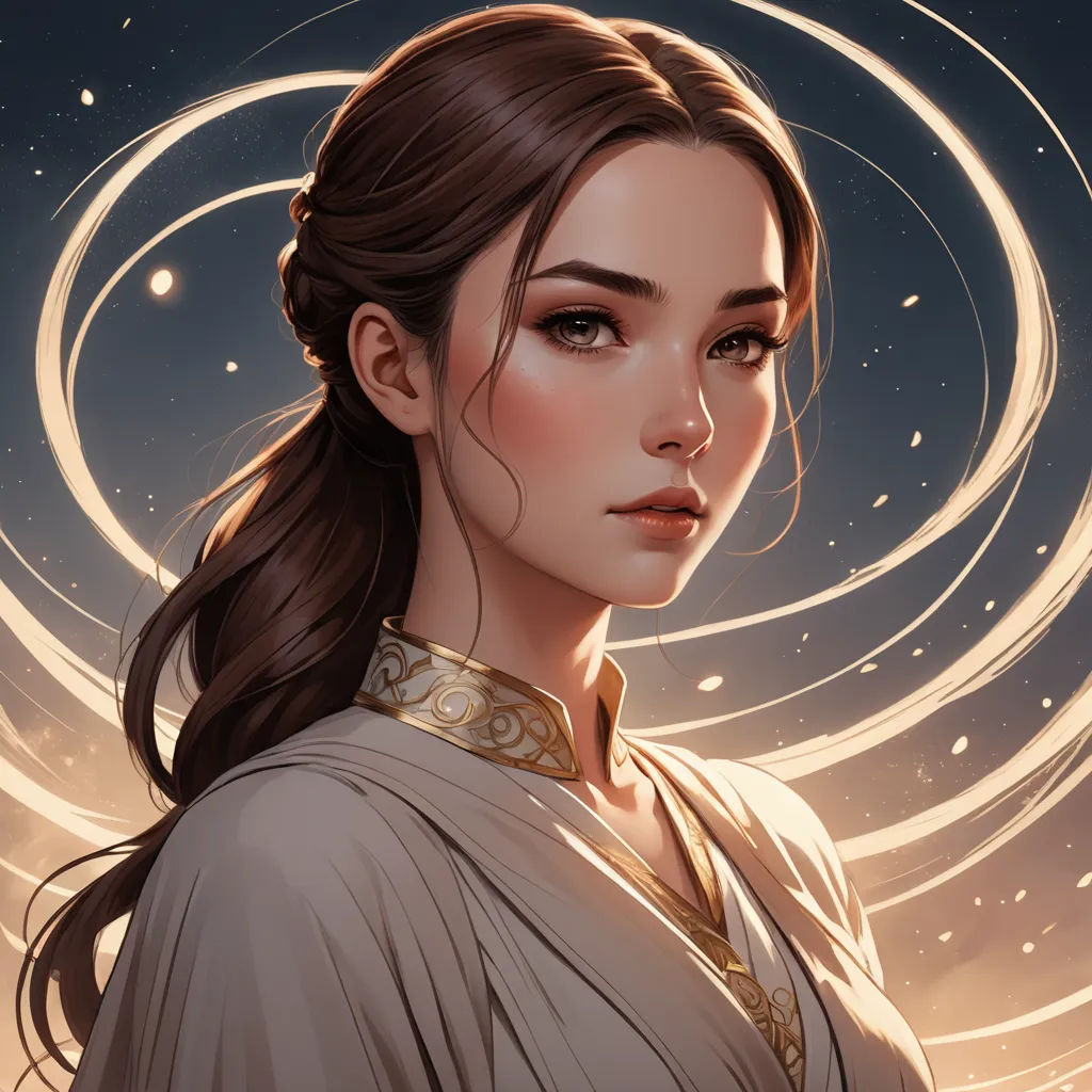 a woman with a ponytail and a necklace on her neck and a sky background with circles of light and stars, fantasy art, a detailed painting, Charlie Bowater, stanley artgerm lau