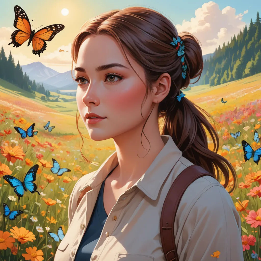 a painting of a woman with a butterfly in her hair and a field of flowers with a butterfly flying over her head, fantasy art, a detailed painting, Dan Mumford, stanley artgerm lau