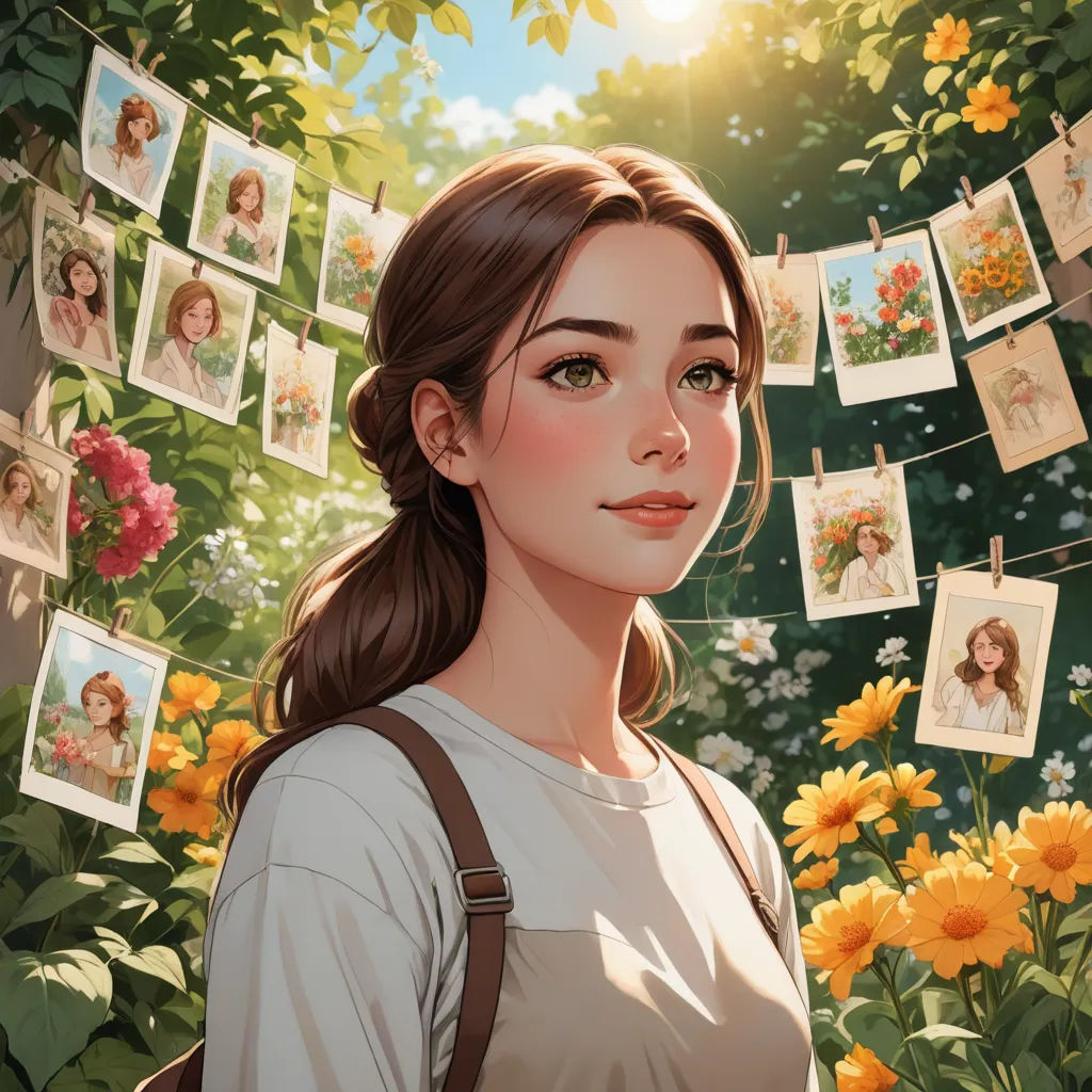 a woman standing in front of a bunch of flowers with pictures hanging from the trees above her head and a string of cards hanging from the tree, fantasy art, a storybook illustration, Clarice Beckett, trending on art station