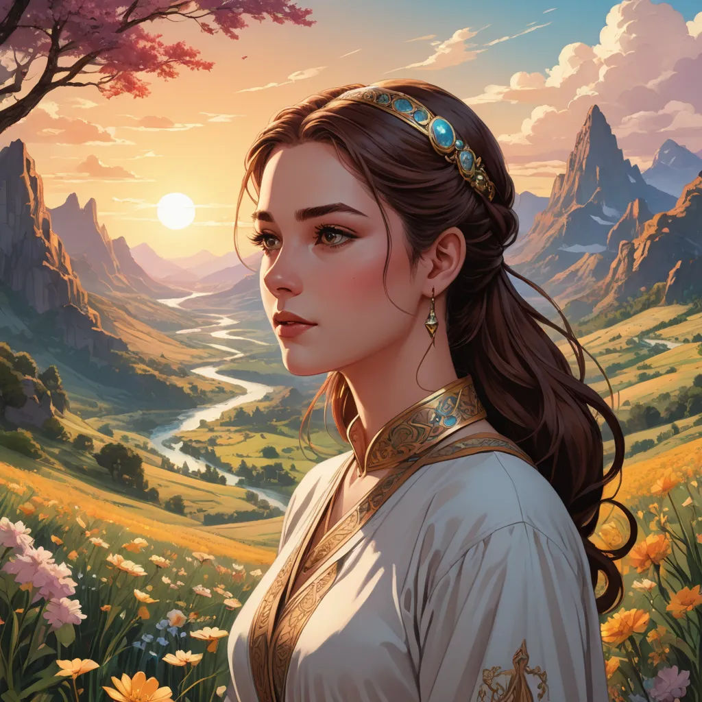 a painting of a woman in a beautiful dress in a field of flowers with a mountain in the background, fantasy art, a detailed painting, Charlie Bowater, fantasy artwork