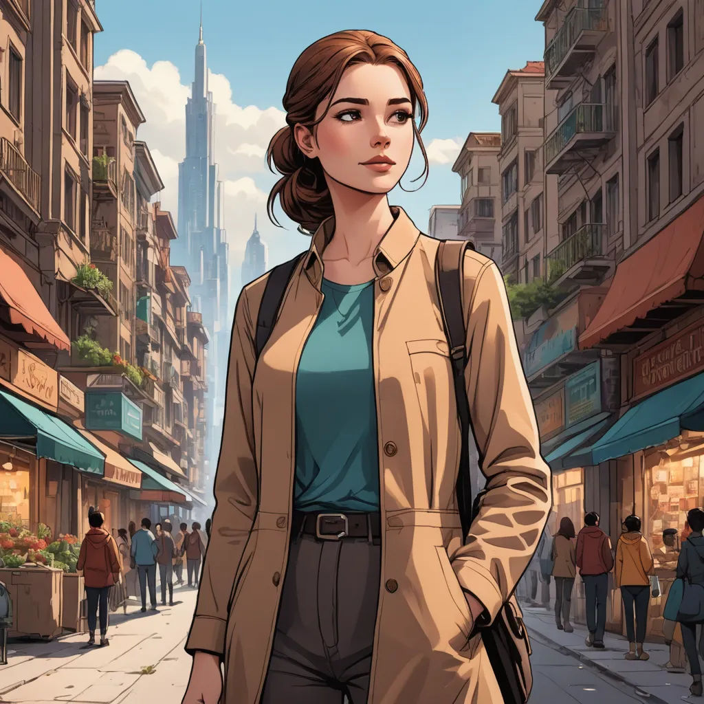 a woman standing on a city street in front of a tall building with a skyscraper in the background and a man in a suit and tie, paris school, a comic book panel, Alena Aenami, city background
