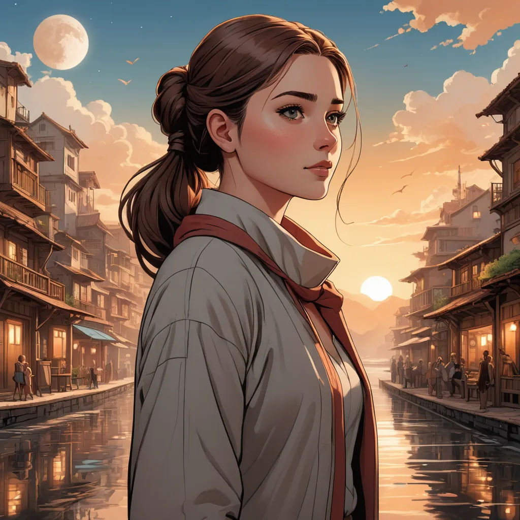 a woman standing in front of a river with buildings on both sides of her face and a sky with clouds, fantasy art, a comic book panel, Charlie Bowater, stanley artgerm lau