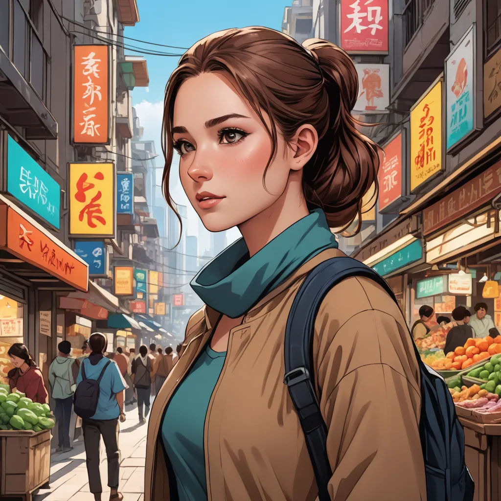a woman standing in a street with a backpack on her shoulder and a city street in the background with asian signs, fantasy art, a comic book panel, Artgerm, stanley artgerm lau