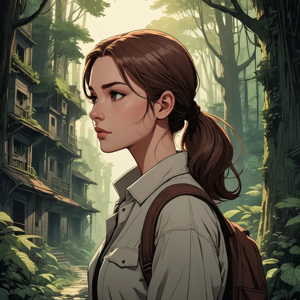 a woman with a ponytail standing in a forest looking at something in the distance with a house in the background, fantasy art, a character portrait, Atey Ghailan, rossdraws global illumination