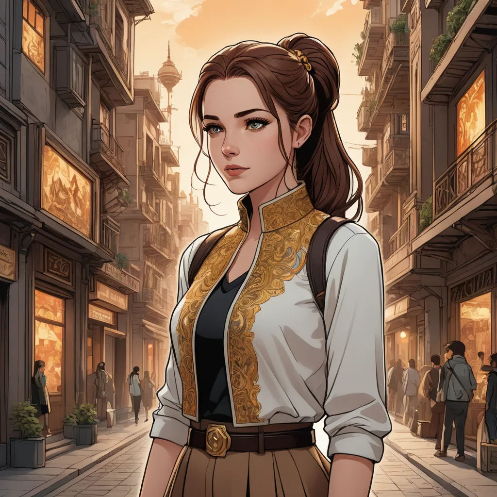 a woman in a dress and jacket standing in a street with a man in the background looking at the camera, aestheticism, a character portrait, Chen Hong, character portrait