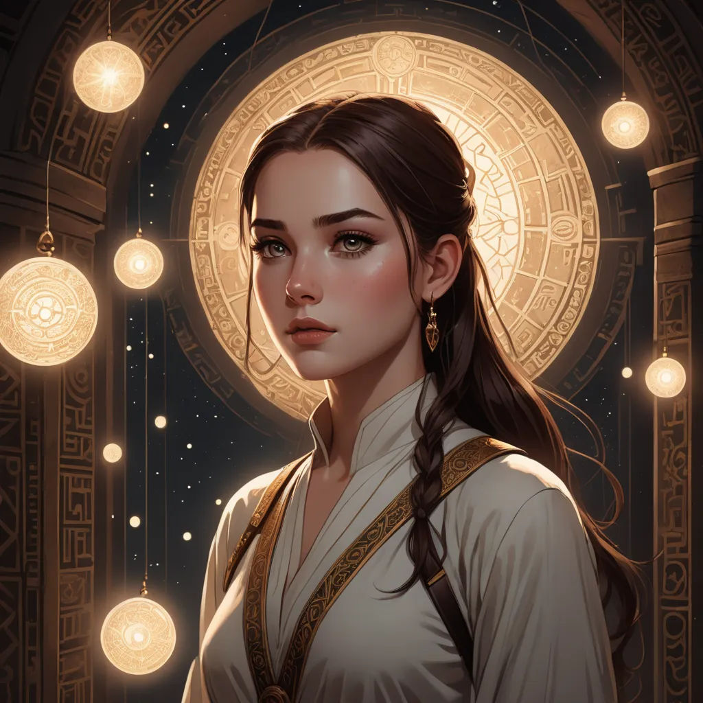 a woman with a braid standing in front of a circular light fixture with lights on it and a circular mirror behind her, fantasy art, a detailed painting, Charlie Bowater, rossdraws global illumination