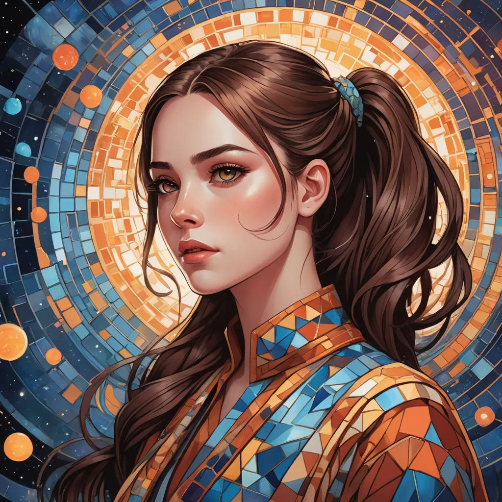 a painting of a woman with a ponytail and a blue and orange shirt on, with a mosaic background, space art, a detailed painting, Anna Dittmann, trending on art station
